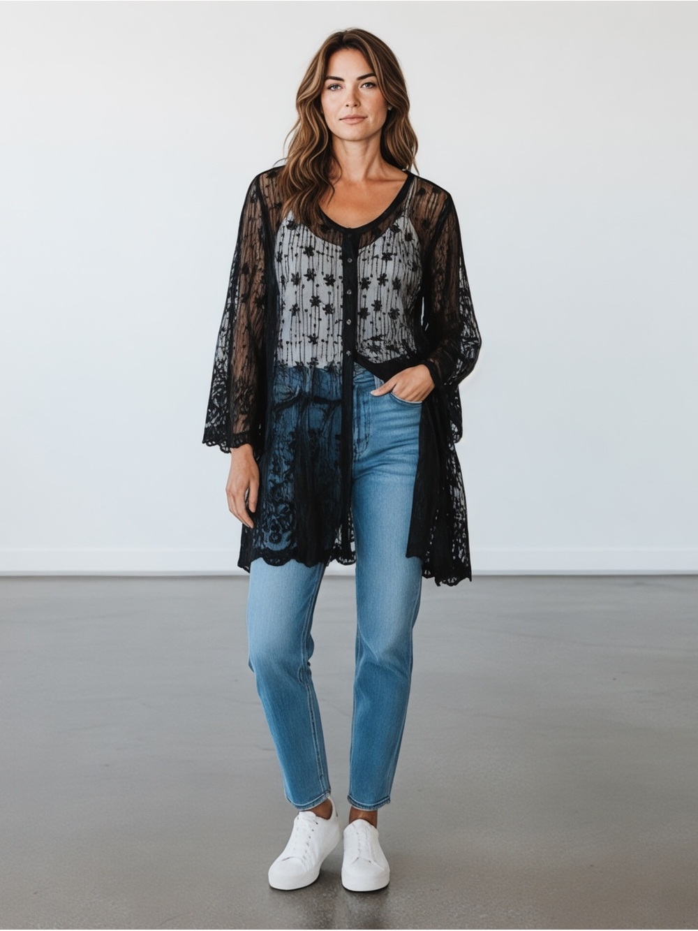 Lane Bryant Black Sheer Lace Embroidered Duster 14/16 Whimsical BOHO